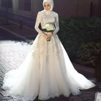 Musulmaņu arābu Kāzu Kleitas ar garām Piedurknēm ar Mežģīņu Aplikācijas Ar Hijab Līnijas Rāvējslēdzējs Atpakaļ Vestidos De Noiva Līgava Kleita 2021Princess