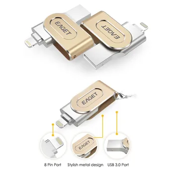 Eaget 128GB USB Flash Disku, USB 3.0/Zibens/OTG ātrgaitas Pen drive Metāla Pendrive USB Flash Drive iPad iPhone