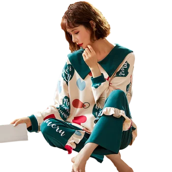 Sieviešu Pidžamas Komplekts Rudens Lelle Apkakles Princese Stila Gudrs Drukāt Garām Piedurknēm Sleepwear Meitenēm Ērti Kokvilnas Mājas Drēbes
