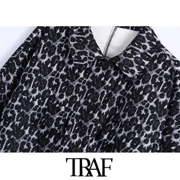 TRAF Sieviešu Modes Lielgabarīta Leopards Drukāt Asimetriska Jaka Vintage Mētelis ar garām Piedurknēm Kabatas Sieviešu Virsdrēbes Šiks Topi
