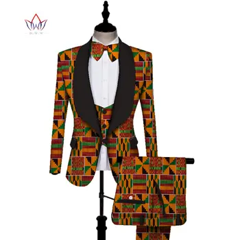 Āfrikas Drukas 3 gabali Vīriešiem komplekti Dashiki Top un Bikšu & Veste Uzstādīt Bazin Plus Lieluma Tradicionālo Āfrikas Apģērbu WYN431