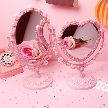 Rozā Cirsts Kawaii Aplauzums Spogulis DIY Pērle tualetes galdiņš Dekoratīvie Spoguļi Istabas Interjeru Tualetes Spoguļa Plastmasas Sirds formas