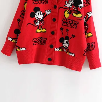Disney Stilīgs, Mickey Mouse, Karikatūra Izdrukāt V-veida Kakla Jaciņa Vienu-krūšu Streetwear Sarkans Sieviešu Trikotāžas Džemperis ar garām Piedurknēm Topi