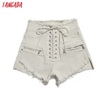 Tangada sieviešu stilīgs vasaras džinsa bikses mežģīnes up augsts viduklis kabatas sieviešu ikdienas streetwear balts īss džinsi pantalone 2A19