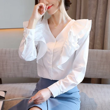 Rudens Jaunās modes Balta blūze ar V-veida kakla Mežģīņu krekls vienkrāsainu visu maču Sieviešu krekls top