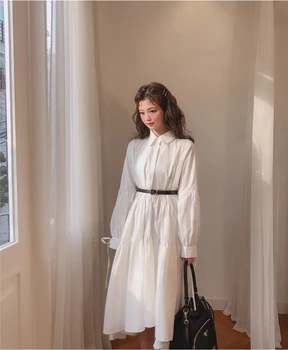 Nomikuma Vintage Salds Sieviešu Kleitas ar garām Piedurknēm Savukārt Apkakle-line Vestidos Femme Jostas Slaids Viduklis Kleita 2020 