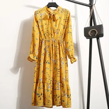 2020. gada Vasaras Ziedu Un Dot Drukas Sieviešu Stāvēt Kakla Kleitas ar garām Piedurknēm Gudrs Šifona Kleitu Modes garām Piedurknēm, Sieviešu Kleitas