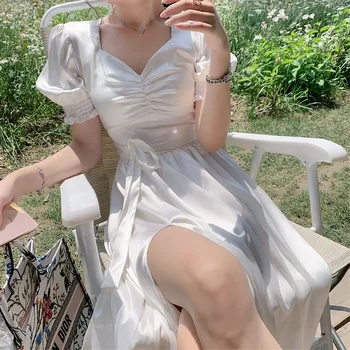 Franču Savirmot Kleita Sievietēm Sexy Puff Piedurknēm Sadalīt Kleita Biroja Dāma Korejiešu Stilā, Vasaras Elegants Šifons Pasaku Kleita