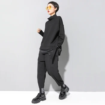 [EAM] Loose Fit Asimetrisks Lielgabarīta sporta Krekls Jaunu Augsto Apkakli, garām Piedurknēm, Sieviešu Lielo Izmēru Modes Pavasara Rudens ir 2021. 19A-a124