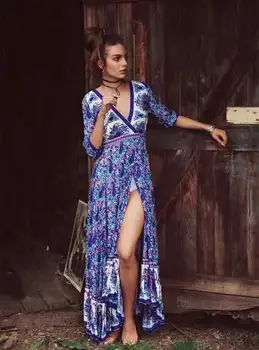 Boho Iedvesmoja zilu ziedu drukāt Maxi boho wrap Kleita ar V-veida kakla ilgi sievietes vasaras kleitas pusi piedurknēm šiks pludmales kleita 2020. gadam vestidos