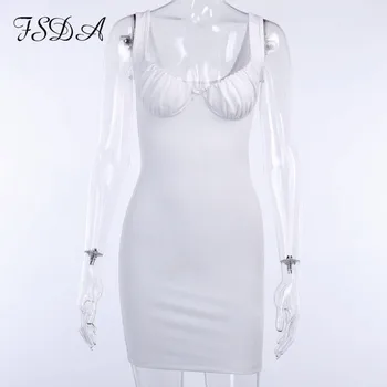 FSDA 2020. gada Vasaras Balta Mini Kleita Bodycon Ruched Black Clubwear bez Piedurknēm Backless Pie Pleca Pusi, Gadījuma Kleitas