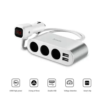 HOCO Z13 Dual USB 2.1 Automašīnas Lādētājs 3 Kontaktligzdas Cigarešu Aizdedzinātāja LED Ciparu Displejs, Ātrās Uzlādes Adapters Sadalītājs