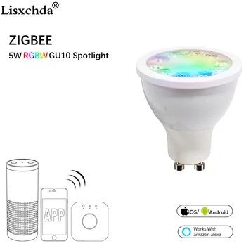 Zigbee tilta LED RGBW 5W GU10 uzmanības centrā krāsa mainās zigbee zll LED spuldzes AC100-240V led APP kontrolieris aptumšojami LED smart