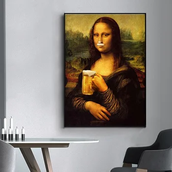 Mānīšanās jautri Mona Lisa dzert alu Kanvas Glezna Plakāti un Drukas Quadro Sienas Mākslas Aina Dzīvojamā Istaba Cuadros Mājas Dekoru