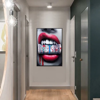 Sieviete Sexy Sarkanu Lūpu Vampīru bullet Plakātu Sienas Mākslas Audekls Gleznošanai Ziemeļvalstu Attēlu Dzīvojamā Istaba Guļamistaba Dekori Skaistumu Izdruku