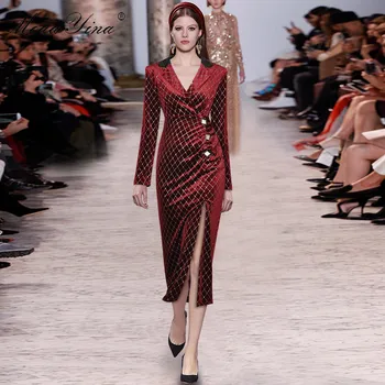 MoaaYina Modes Dizainera kleita Rudens Sieviešu Kleita ar V-veida kakla ar garām piedurknēm Ruched Paketi, sēžamvieta Izšūta Samta Kleitas