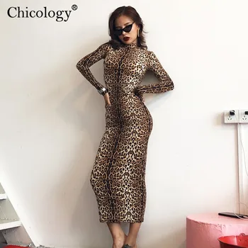 Chicology leopard midi kleita pieguļoša sexy sievietes ar garām piedurknēm 2019 rudens ziemas sievišķā puse, lady gadījuma streetwear drēbes