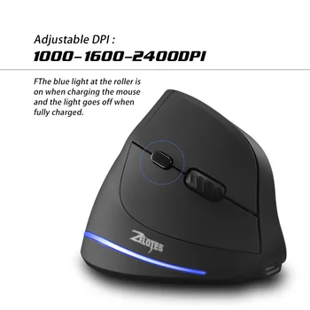 Bezvadu Optiskās 2400 DPI Vertikālā Pele 2.4 GHz USB 6 Pogas Uzlādējams Pelēm Zila Gaisma ar Datoru, Portatīvo DATORU Spēļu Pele