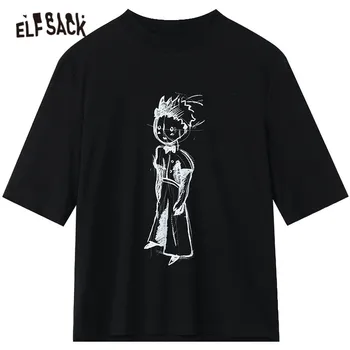 ELFSACK Harajuku Karikatūra Izdrukāt Gadījuma T-Krekli, Sieviešu,Ir 2021. Ziemas ELF Vintage Vintage Pilnu Piedurknēm Sieviešu Pamata Ikdienas Grafiskais Topi