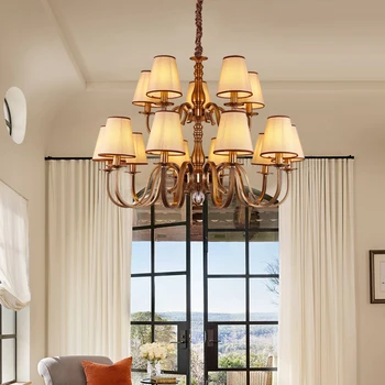 Luksusa lustra dzīvojamā istabā lampa kaltas dzelzs imitācija vara mājās, guļamistaba, ēdamistaba lampas modernās auduma divslāņu lampas