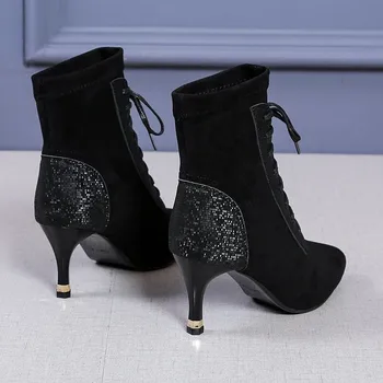 Melni Sieviešu Zābaki Modes Norādīja Toe Mežģīnes-up augstpapēžu kurpes Sieviešu Potītes Zābaki Sieviešu Sūkņi Kleita Cross-neizšķirts Chelsea Zābaki