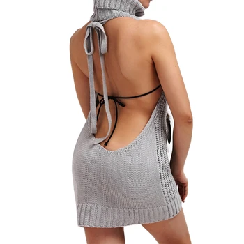 Jauno Modes Sieviešu Sexy Dobi Backless Bez Piedurknēm Pārsējs Augstu Uzrullētu Apkakli Džemperi Adīt Džemperis Cosplay Pludmales Atpūtas Kleita