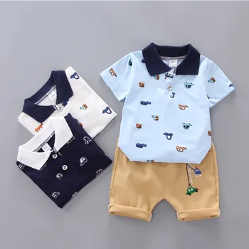 2020. gada vasaras bērnu apģērbu zēns uzvalks auto drukāšanas atloks ar īsām piedurknēm + šorti 2 gabali Zēnu drēbes