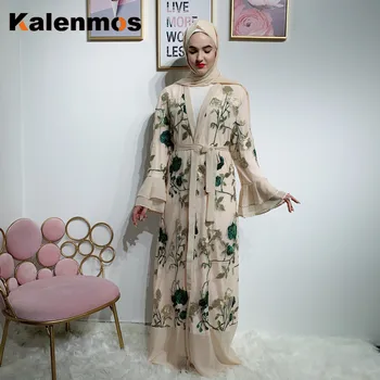 Musulmaņu Abaya Hijab Kleita Sievietēm Marokens Kaftan Drēbes, Mežģīnes, Izšuvumi, Ziedu Izlīdzināšanu Piedurknēm musulman Mežģīnes-up Islāma Apģērba Caftan