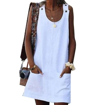 Jaunā Pludmales Gadījuma Sievietes Vienkrāsainu Kabatas Mini Kleita Bez Piedurknēm, Pogu Sundress