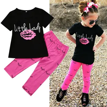 Jauns 1-6Year Meitenes Apģērbt Komplekti, Bērnu Drēbes, Bērnu Meitene Apģērbs, T-kreklu Vēstuli Lūpu Topi +Iespiesti Garas Bikses Drēbes