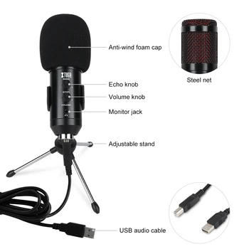 XTUGA USB Kondensatora Mikrofons Ierakstīšanas MIKROFONS USB Podcast MIKROFONS Iebūvēts Monitors ar Atbalss Efektu PC Ierakstu,YouTube,Spēļu