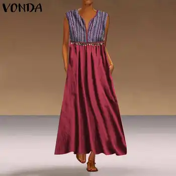 VONDA Sieviešu Bohēmietis Dress Vintage Raibs Sexy bez Piedurknēm, V veida Kakla Svētku Kleitas Kroku Tvertne Kleita Zaudēt Vestidos Plus Lieluma