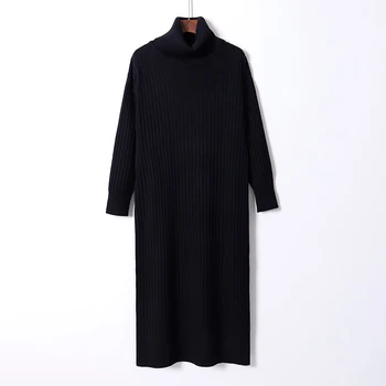 2020 Rudens Ziemas Bieza Adīta Garu Taisnu Sieviešu Apģērbs Silts Augstu Uzrullētu Apkakli Džemperis Džemperis Kleitas Pp498