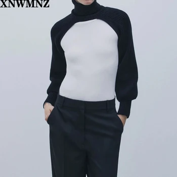 XNWMNZ Za Sieviešu Modes adīt roku sildītāji ar augstu uzrullētu apkakli Vintage ilgi balonu piedurknēm salātu apdares Džemperis Sieviešu Džemperi Šiks
