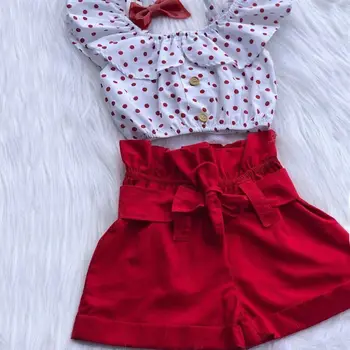 Toddler Bērniem, Baby Meitenes Off-Plecu red polka dot Crop Topi sarkanu priekšgala Īsās Bikses vasaras ikdienas Drēbes utfits