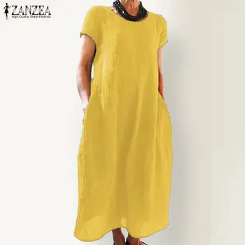 Ikdienas Veļa Midi Kleitu Sieviešu Vasaras Sundress ZANZEA ir 2021. Vintage Īsām Piedurknēm Tunika Vestidos Sieviešu Kroku Puse Drēbes Femme
