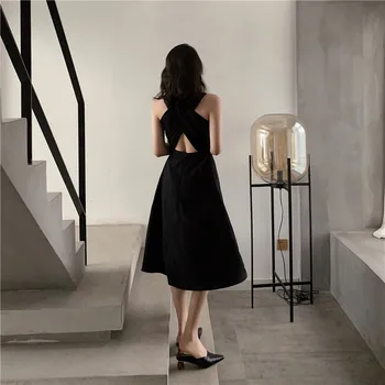 Sieviešu Vasaras Seksīgu Kleitu Elegants Hepburn Stils Melnā Bezpiedurkņu Atpakaļ Pāri Midi Līnijas Puse Kleitas 2021New Modes Vestidos