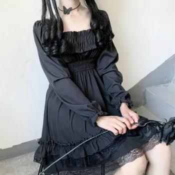 Salda Meitene Cute Japāņu Gothic Dark Angel Lolita Kleita Vintage Laukumā Apkakles Mežģīņu Izšūšanas Puff Piedurknēm Sexy Goth Sieviete Kleita
