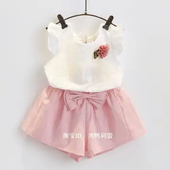 Mazumtirdzniecības augstākās kvalitātes!! New Baby Girl Vasaras Apģērbs Komplekts Bērniem, Meitenēm, Ziedu T-krekli + Šorti Uzvalki 1-7age