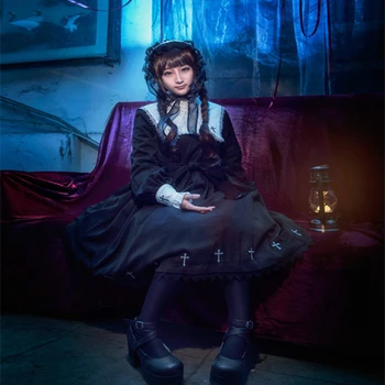 Japāņu Harajuku Black Gothic Lolita Kleita Meitenēm Mūķene Māsa Anime Cosplay Puse Kleita