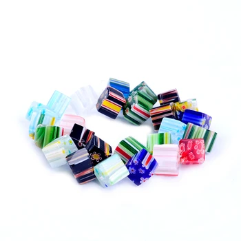 25pcs/string krāsu sajauc 10mm kvadrāta formas svītru raksts, glazētas stikls lampwork pērles, lai aproce, kaklarota, DIY rotaslietu izgatavošana