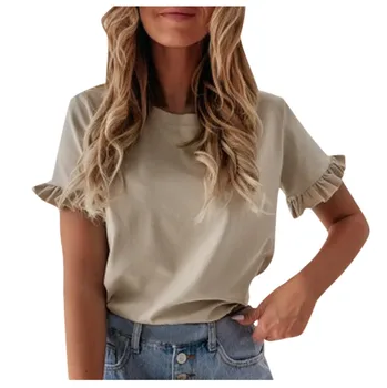 Sieviete Tshirts Vasaras Dāmas Volāns Savirmot Īsām Piedurknēm Modes Tee T-Krekls Ar Vaļēju Augšu T Krekls Sievietēm Mujer Camisetas