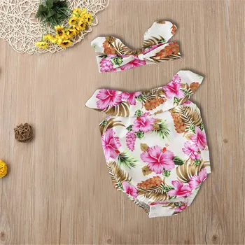 Jaundzimušais Meitenes 2-gabals Apģērbs Uzstādīt Modes Ziedu Drukāt Romper+Galvas saiti, kas noteikts Bērniem Baby Meitenes