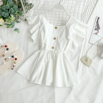 Balta Kvadrātveida Kakla Top Savirmot Blūze Peplum Pogu Up Krekls Sievietēm Korejas Drēbes, Vintage Blusas Mujer De Moda 2020. Gadam Krekli, Topi