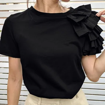 Minimālisms Melna Balta Ruffles Vasaras T Krekls Korejas Japāna Sieviešu Streetwear Gadījuma Īsām Piedurknēm Top Tees Dāmas T Krekli Jauniešiem