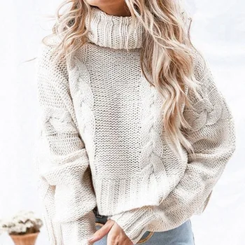 Rudenī 2020. gadam sieviešu džemperis lielgabarīta plats džemperis ar garām piedurknēm augstu uzrullētu apkakli džemperis trikotāžas džemperis balta, haki pelēkā jersey