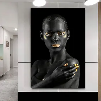 Melnā Zelta Pliks Āfrikas Māksla Sieviete, Eļļas Glezna uz Audekla Cuadros Plakāti un Izdrukas Skandināvijas Sienas Attēlu Dzīvojamā Istaba