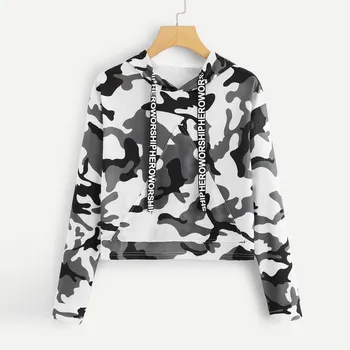 Sieviešu sporta krekls hoodies ar garām Piedurknēm Maskēties Drukāt hip pop streetwear pelēkā vārna sporta Krekls Džemperis, Džemperi, Topi Blūze moletom