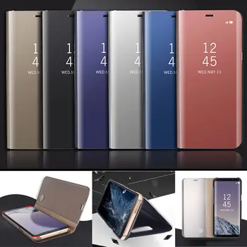 Flip Skatu Spogulis Skaidrs, Smart Stand Case For Samsung Galaxy A6 A8 2018 Plus J3 J5 J7 A3 A5 A7 2017 2016 S8 S9 Plus S7 Mala Gadījumos