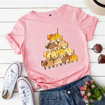 Plus Izmērs S-5XL Kokvilnas T-Krekls Smieklīgi Suņi Kaķi Drukāt Sieviešu T Krekli O Apkakli, Īsām Piedurknēm Tee Vasaras Sieviešu T Krekls Topi
